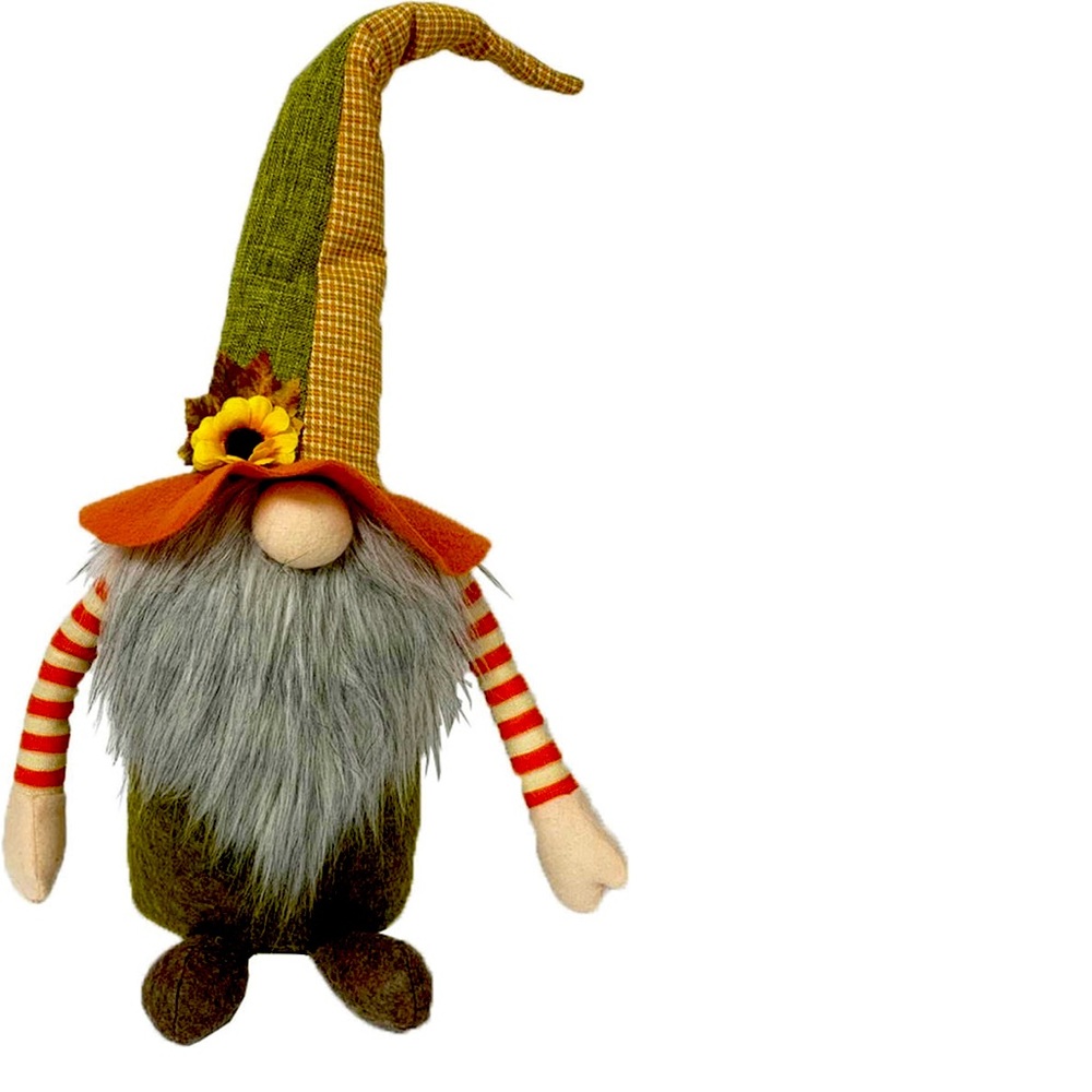 This festive fall gnome stands to warm your home with a shaggy beard and flower.